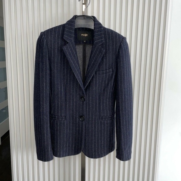 Maje Jacket Blazer Vampas Pinstriped Wool Gabardine Blazer Navy Sz 36❤️ - Picture 4 of 7